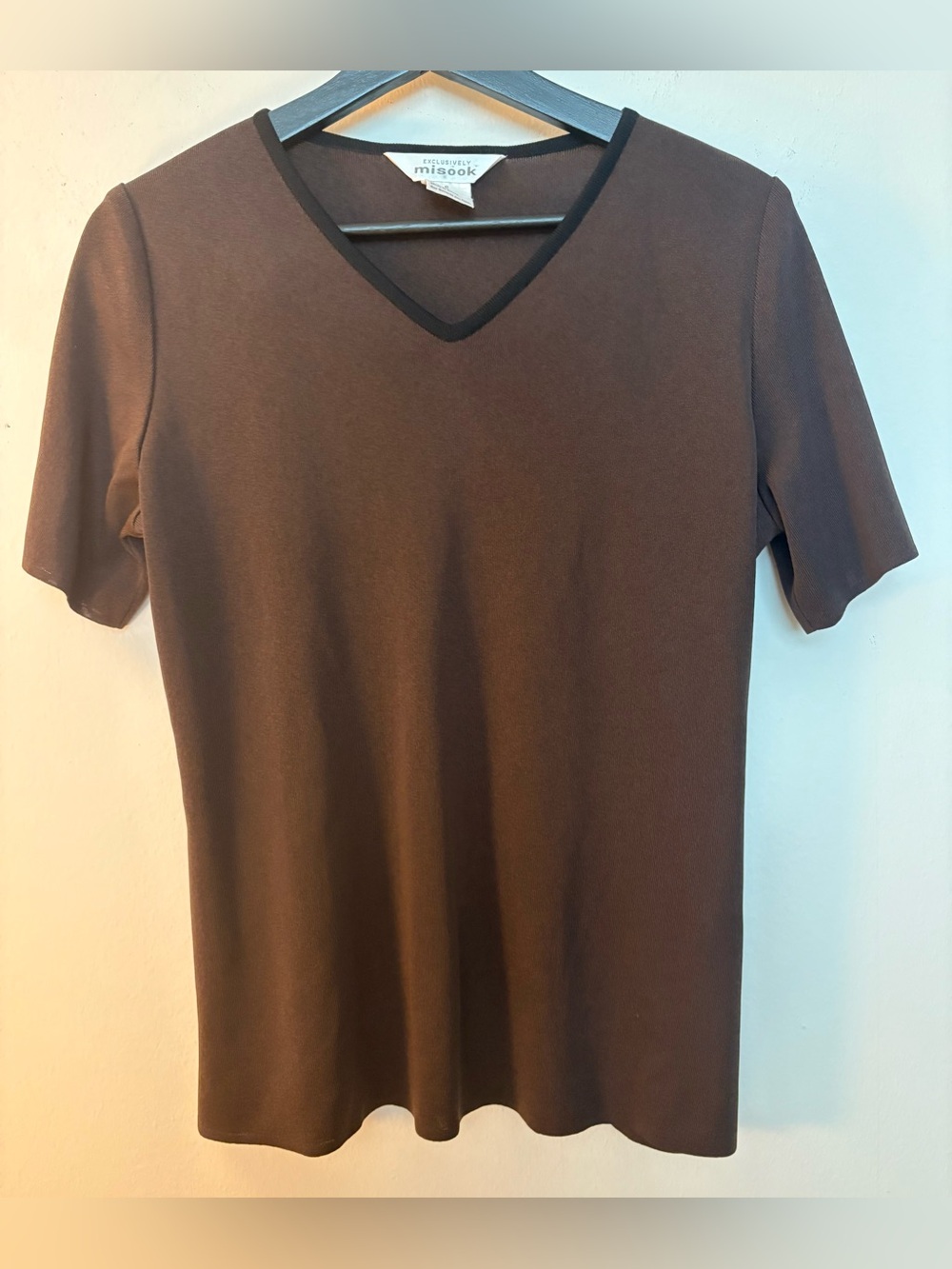 Misook 💯 Acrylic Dark Brown V-Neck Short Sleeve Blouse Size S Sku#104